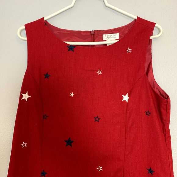 Christopher & Banks Size 12 Red Linen Cotton Shift Dress 4th July Stars USA - Picture 2 of 6